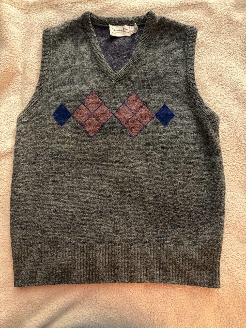 Vintage Dior Men's Gray V-Neck Argyle Sweater Vest with Purple and Navy Accents
